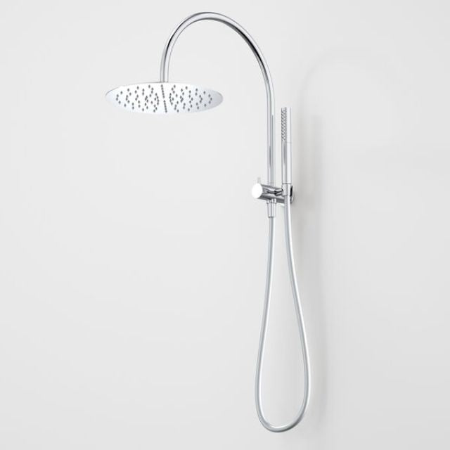 Caroma Liano II Chrome twin shower with overhead rain head and hand shower on wall-mounted rail