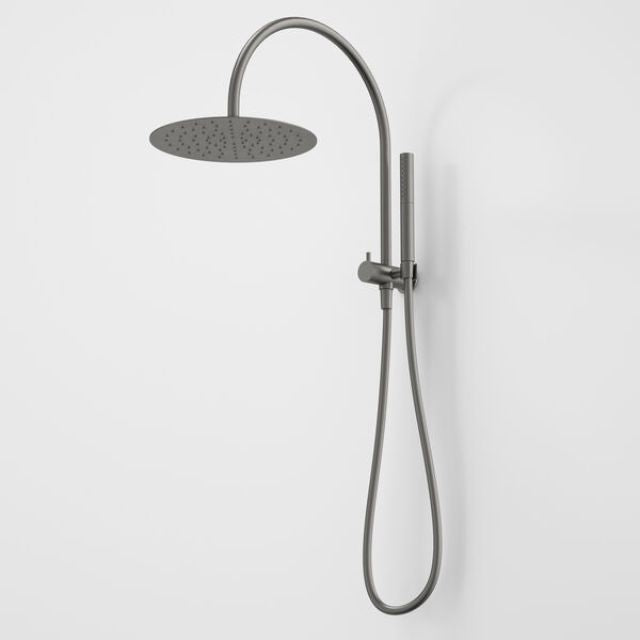 Caroma Liano II twin shower in gunmetal with overhead rain shower and hand shower on wall mount