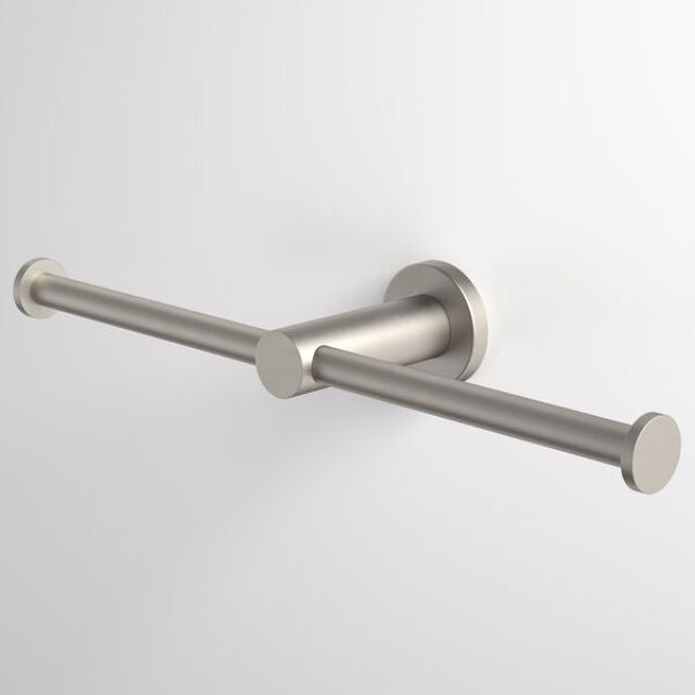 Caroma Liano II double toilet roll holder in brushed nickel, wall-mounted with two horizontal arms