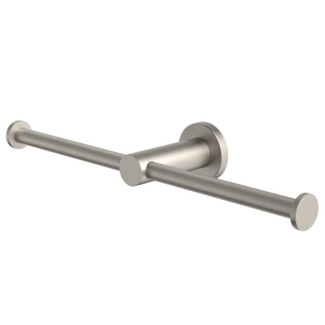 Caroma Liano II double toilet roll holder in brushed nickel, wall-mounted bathroom accessory with twin bars and round backplate
