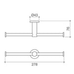 Caroma Liano II double toilet roll holder technical drawing, brushed nickel finish, 278mm wide, with dimensions shown