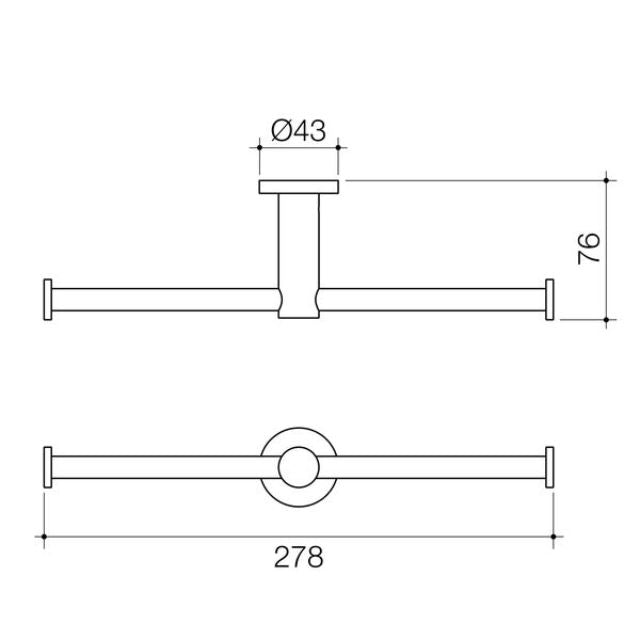 Caroma Liano II double toilet roll holder technical drawing, brushed nickel finish, 278mm wide, with dimensions shown