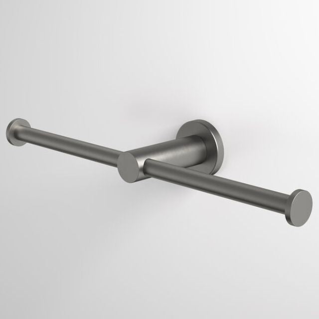 Caroma Liano II double toilet roll holder in gunmetal, wall-mounted with sleek dual bar design