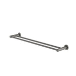Caroma Liano II double towel rail in gunmetal, 640mm, with round wall mounts on a white background