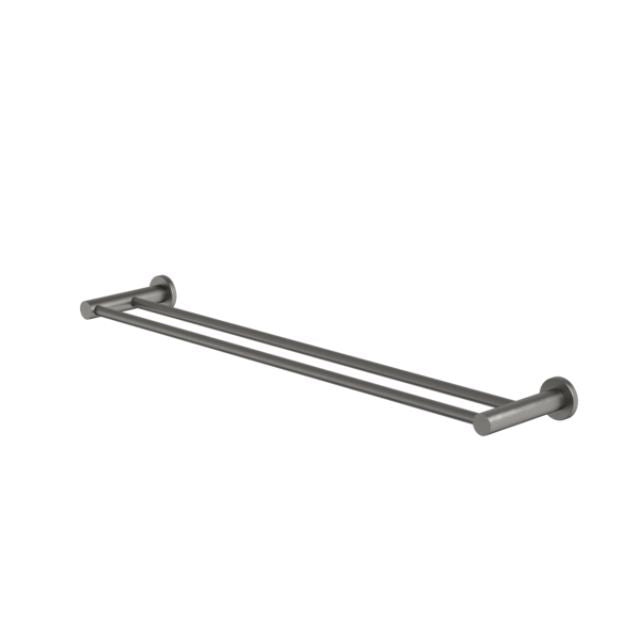 Caroma Liano II double towel rail in gunmetal, 640mm, with round wall mounts on a white background