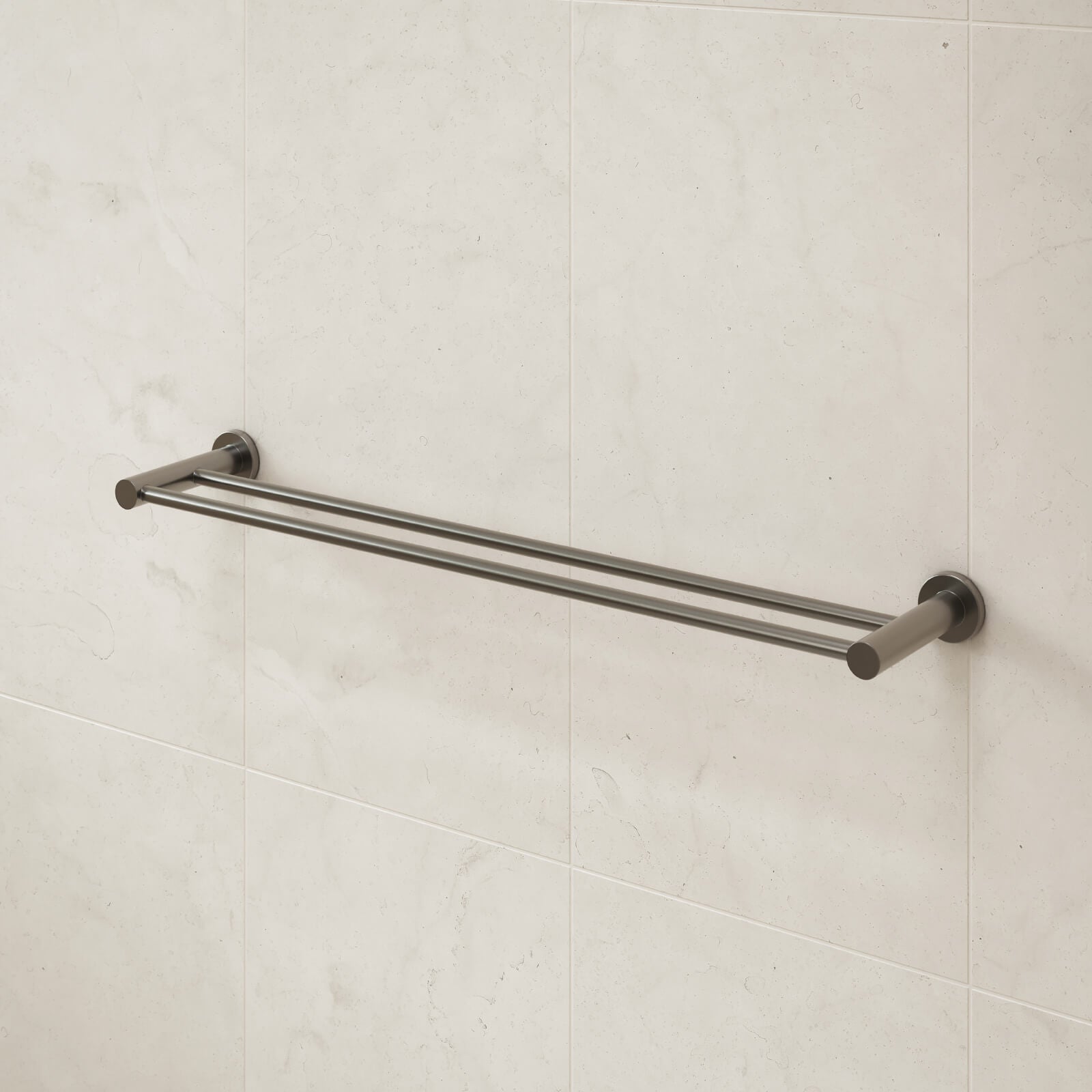 Caroma Liano II double towel rail in gunmetal, wall-mounted on light stone tiles