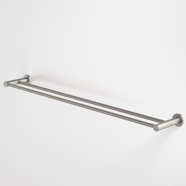 Caroma Liano II double towel rail in brushed nickel, wall-mounted with two slim rails and round fixing plates