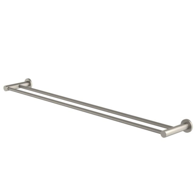 Caroma Liano II double towel rail in brushed nickel, 840mm, wall-mounted with two slim rails