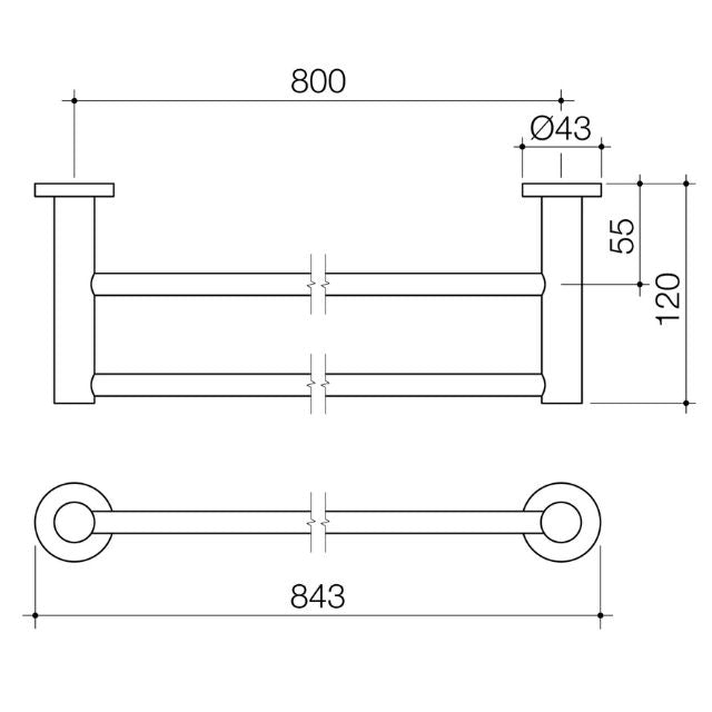 Caroma Liano II double towel rail technical drawing, brushed nickel, 843mm overall length with 800mm fixing distance