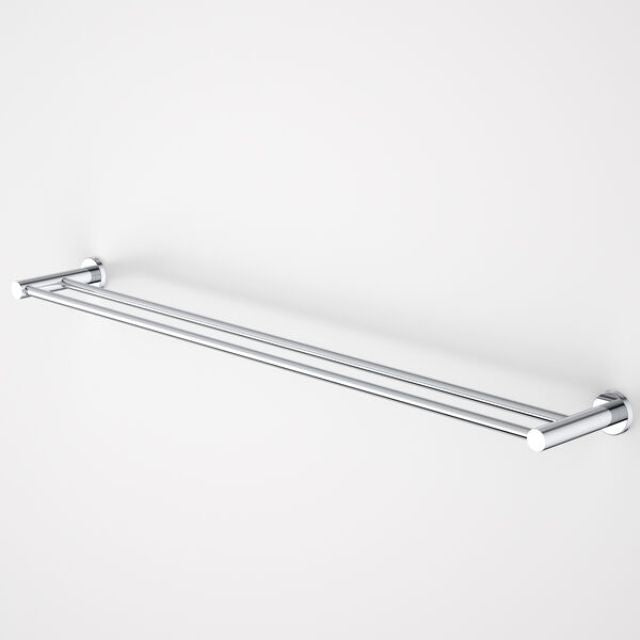 Caroma Liano II double towel rail in chrome, wall-mounted with two slim bars and round fixing plates