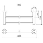 Caroma Liano II double towel rail technical drawing in chrome, showing 843mm overall length and 800mm fixing distance