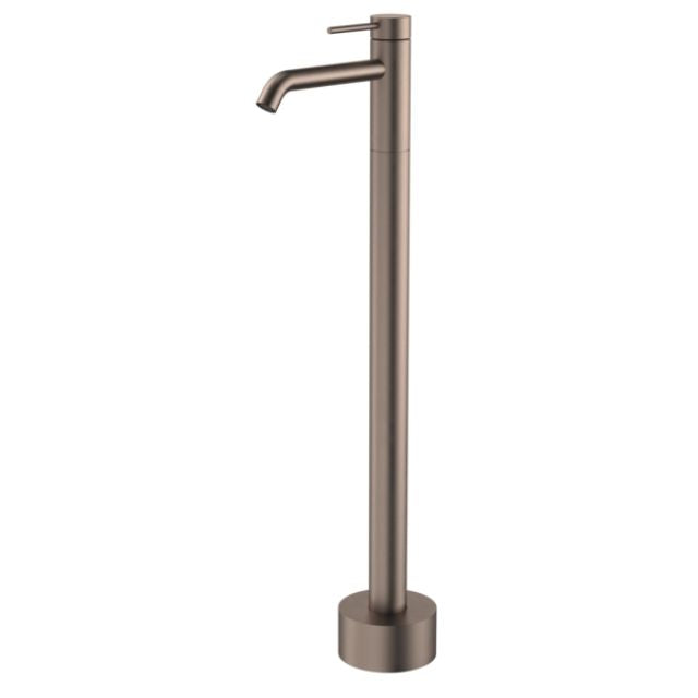 Caroma Liano II freestanding bath filler in brushed bronze, floor-mounted tap with round base and curved spout