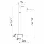 Caroma Liano II freestanding bath filler technical drawing, brushed bronze, floor-mounted tap with dimensions and side view