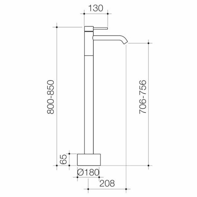 Caroma Liano II freestanding bath filler technical drawing, brushed bronze, floor-mounted tap with dimensions and side view