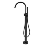 Caroma Liano II black freestanding bath filler with hand shower, floor-mounted gooseneck tap on white background