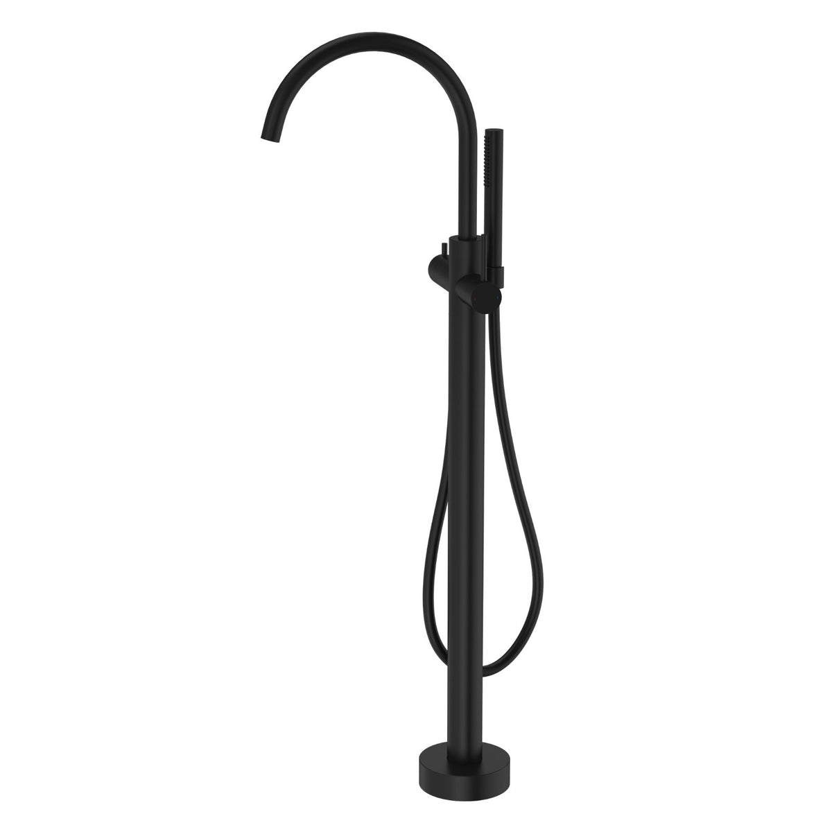 Caroma Liano II black freestanding bath filler with hand shower, floor-mounted gooseneck tap on white background