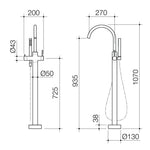 Caroma Liano II freestanding bath filler with hand shower black, technical dimension drawing, floor-mounted with gooseneck spout