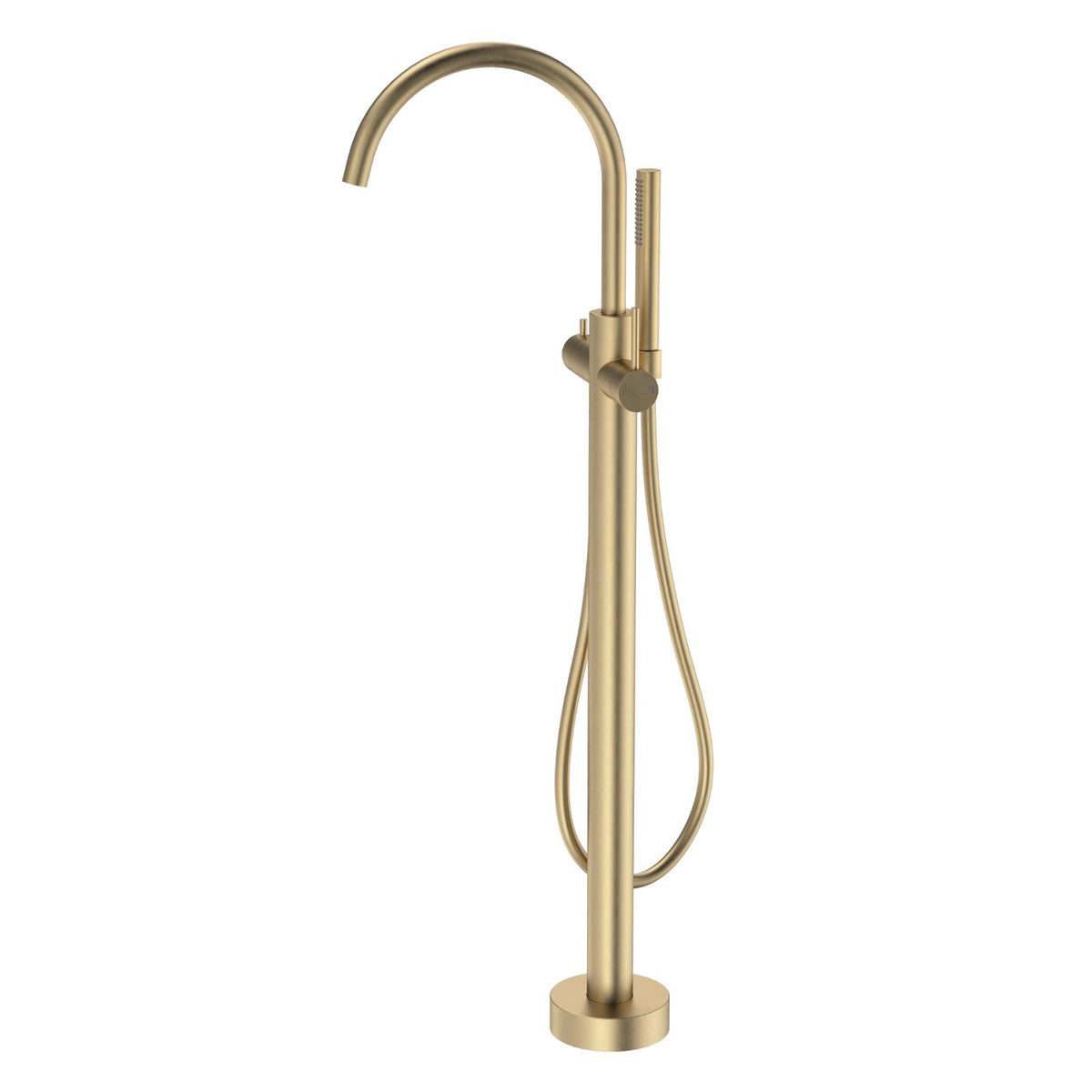 Caroma Liano II freestanding bath filler with hand shower in brushed brass, floor mounted with gooseneck spout