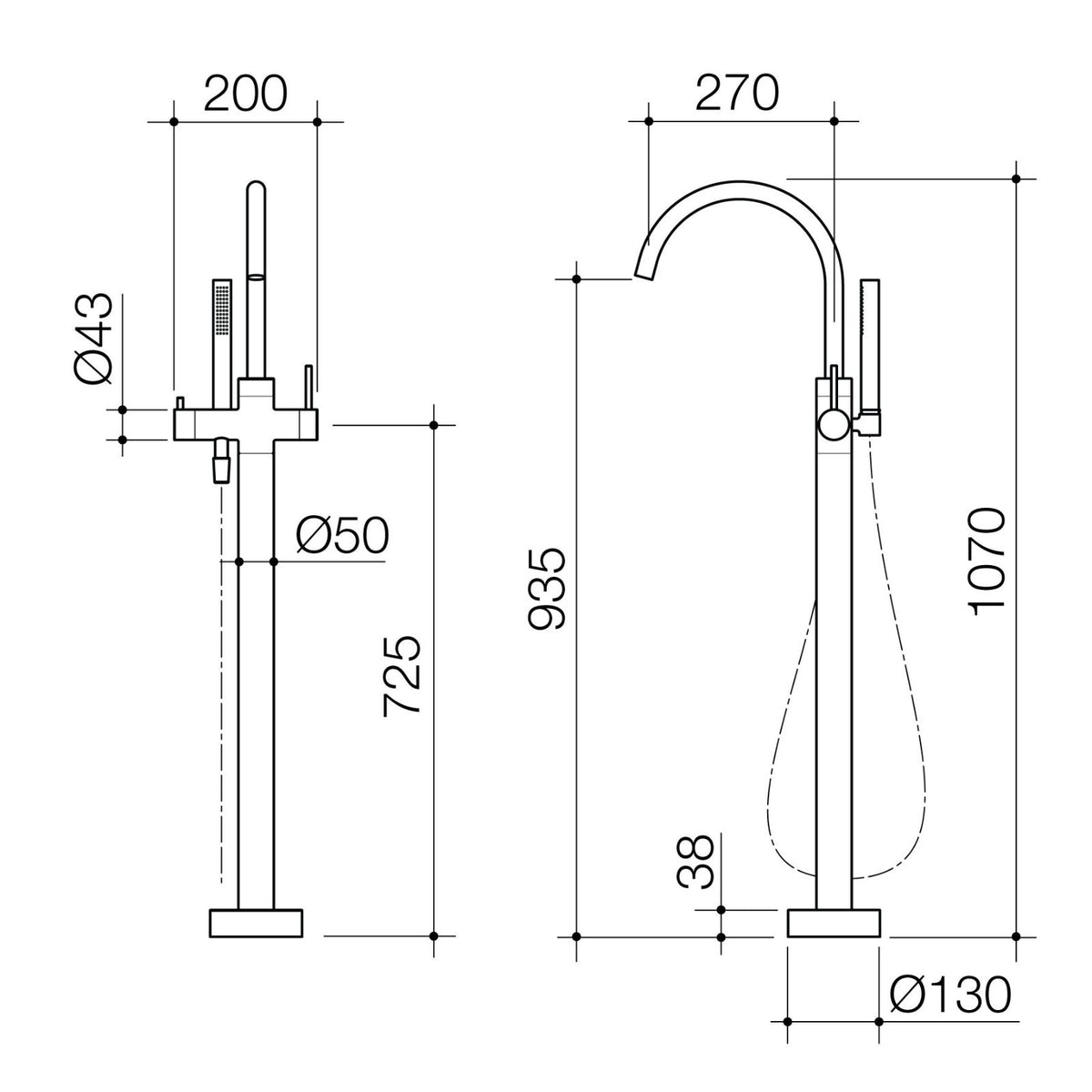 Caroma Liano II freestanding bath filler technical drawing with hand shower, brushed brass, dimensions shown