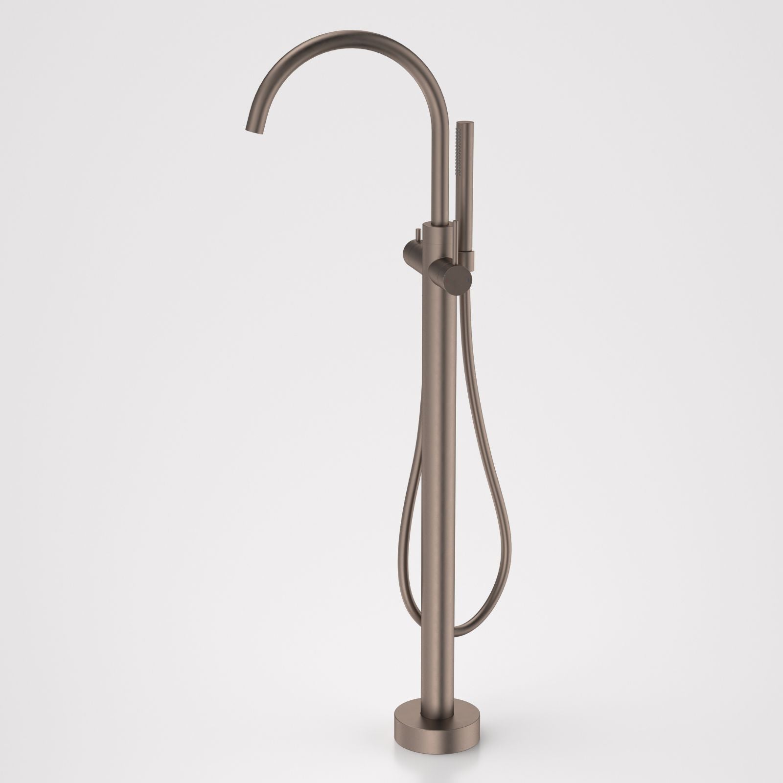Caroma Liano II freestanding bath filler with hand shower in brushed bronze, floor-mounted with curved gooseneck spout