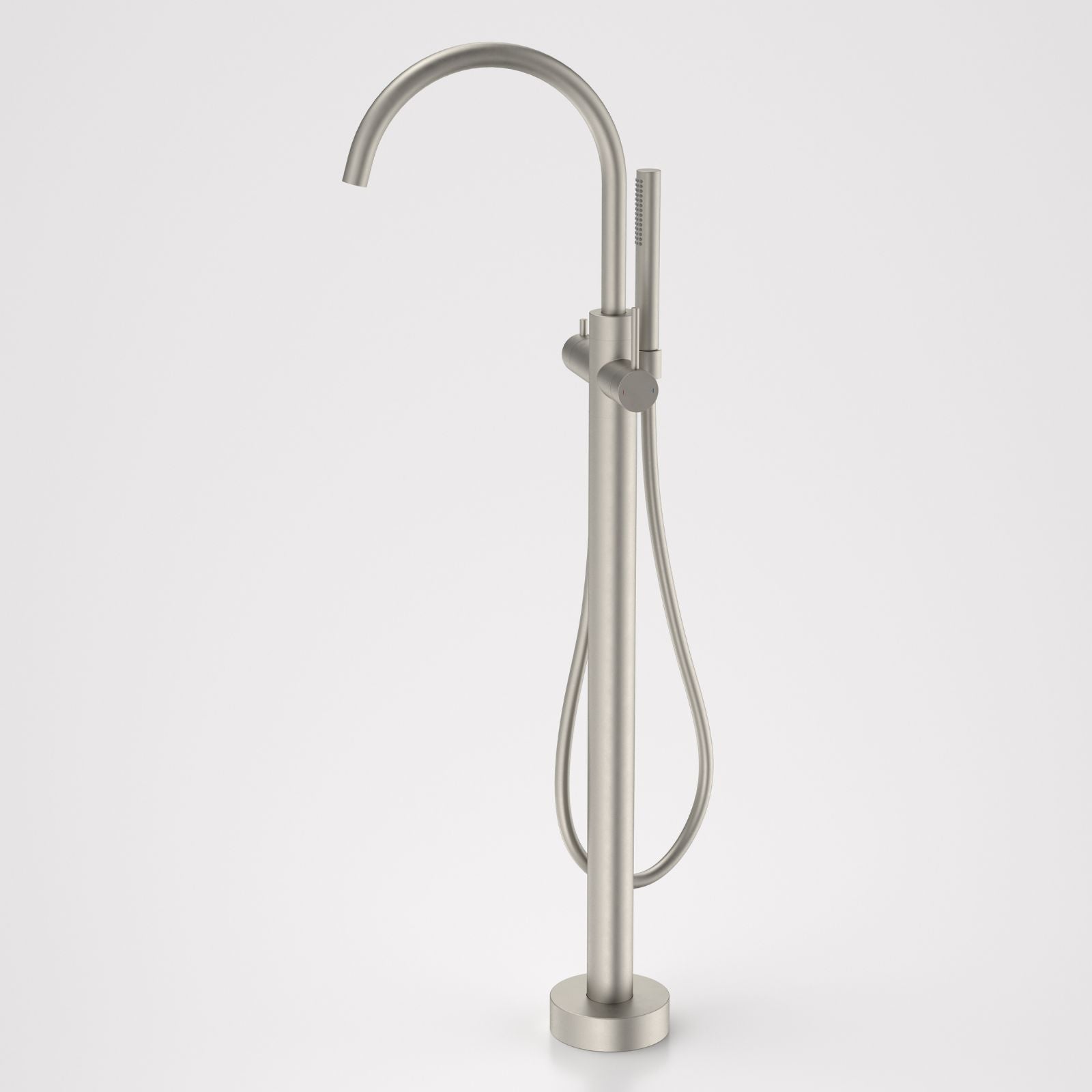 Caroma Liano II freestanding bath filler with hand shower in brushed nickel, floor mounted with gooseneck spout and round base