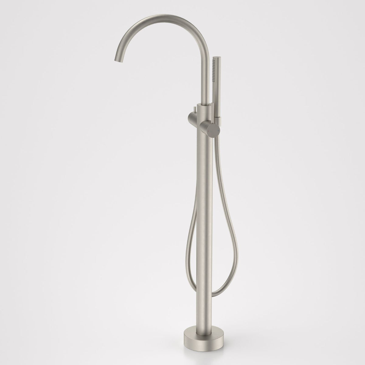 Caroma Liano II freestanding bath filler with hand shower in brushed nickel, floor mounted with gooseneck spout and round base