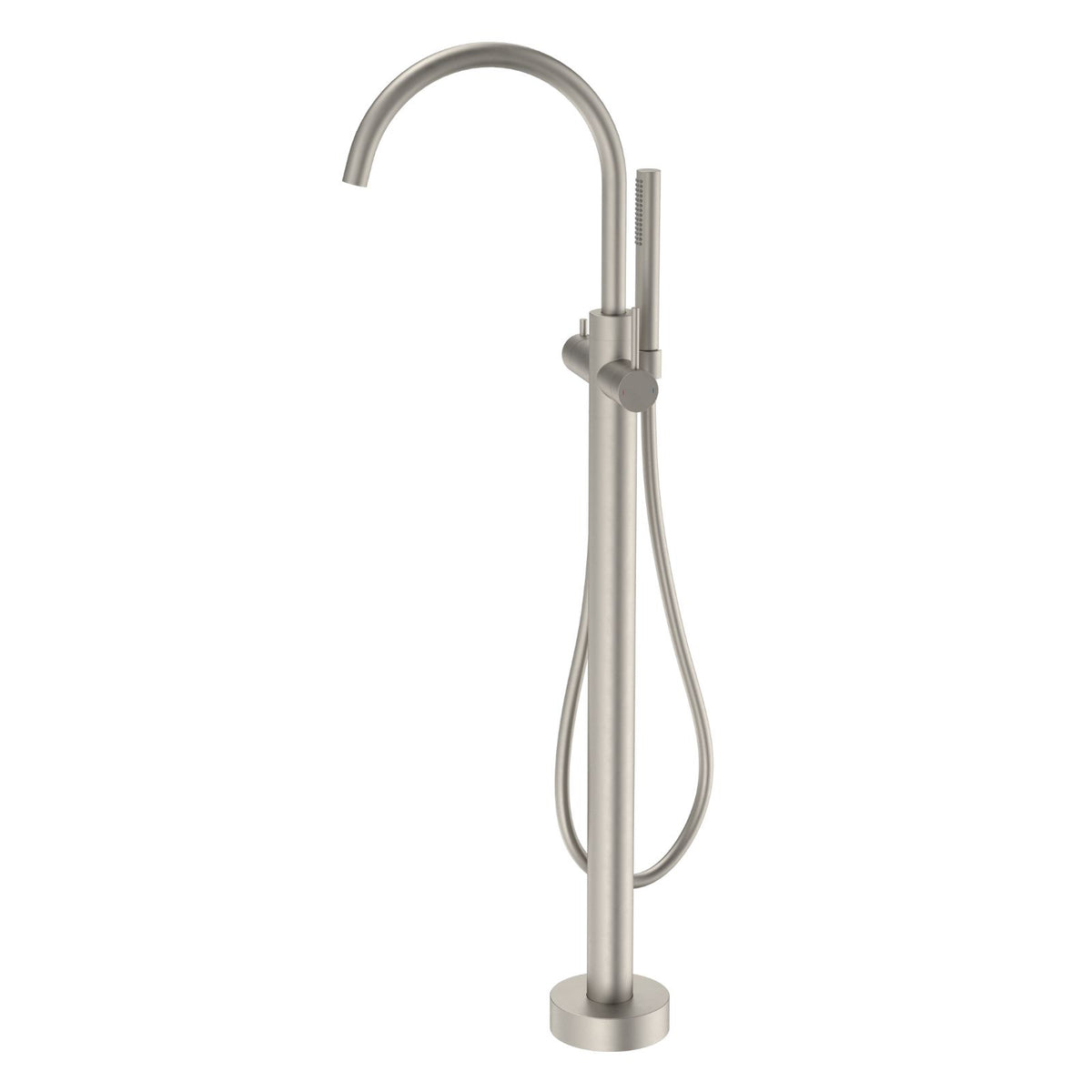 Caroma Liano II freestanding bath filler with hand shower in brushed nickel, floor-mounted tap set on white background