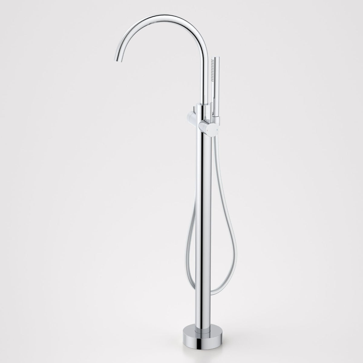 Caroma Liano II chrome freestanding bath filler with hand shower, floor-mounted gooseneck tap on white background