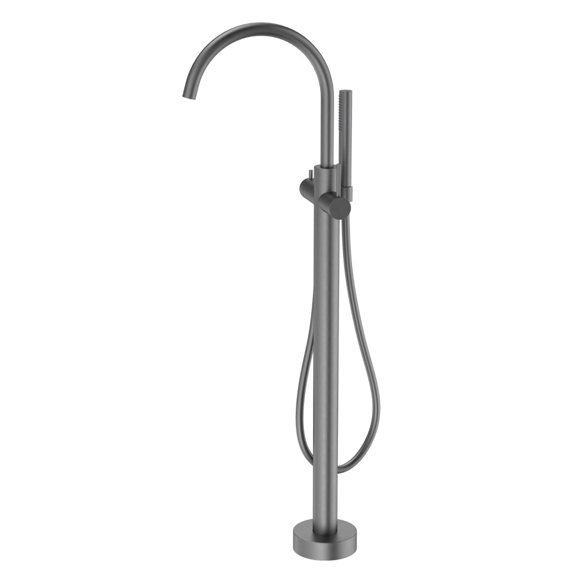 Caroma Liano II freestanding bath filler tap in gunmetal, with hand shower and curved gooseneck spout, isolated on white