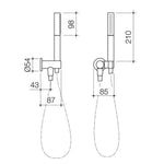 Caroma Liano II hand shower technical drawing in brushed bronze, showing side views and dimensions.