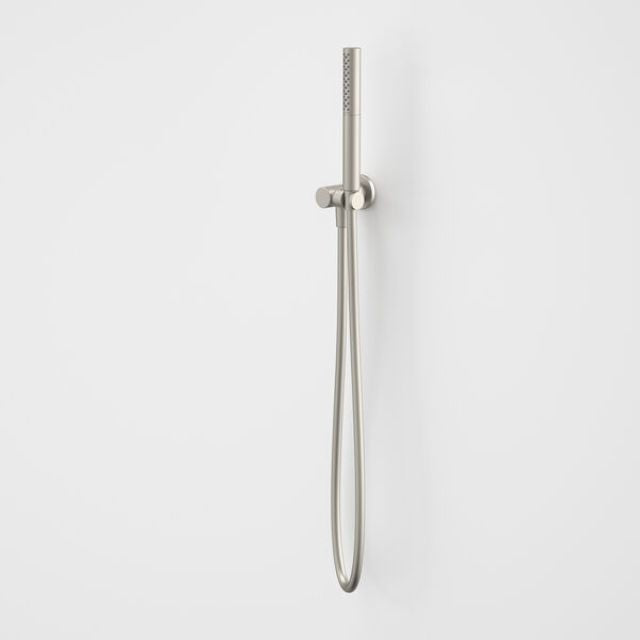 Caroma Liano II hand shower in brushed nickel with wall bracket and hose, shown front on against a white background