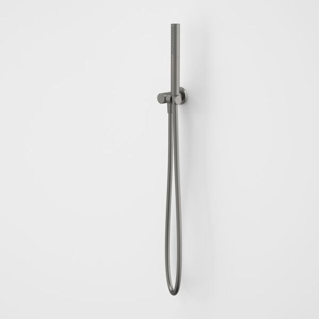 Caroma Liano II gunmetal hand shower with wall bracket and flexible hose on a plain white background