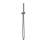 Caroma Liano II gunmetal hand shower with slim wall holder and hose, front view on white background