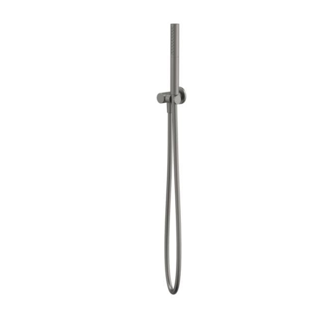 Caroma Liano II gunmetal hand shower with slim wall holder and hose, front view on white background