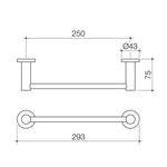 Caroma Liano II hand towel rail technical drawing in brushed bronze, with 293mm length and 250mm fixing distance