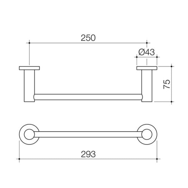 Caroma Liano II hand towel rail technical drawing in brushed bronze, with 293mm length and 250mm fixing distance