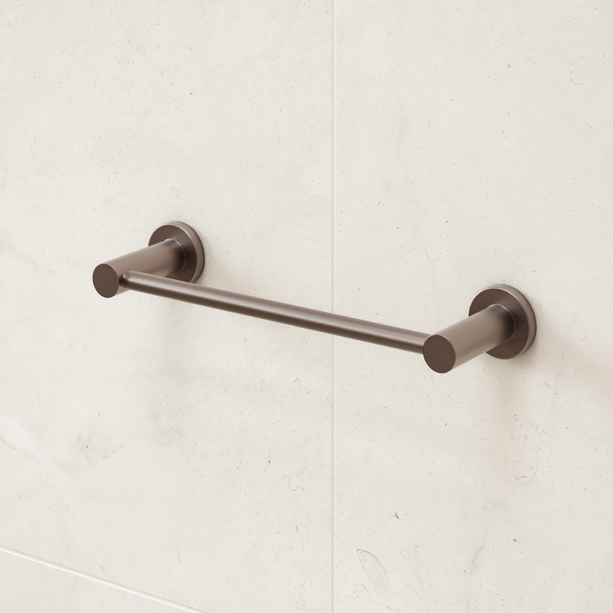 Caroma Liano II brushed bronze hand towel rail on white bathroom tiles