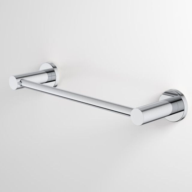 Caroma Liano II chrome hand towel rail with round wall fixings on a white background