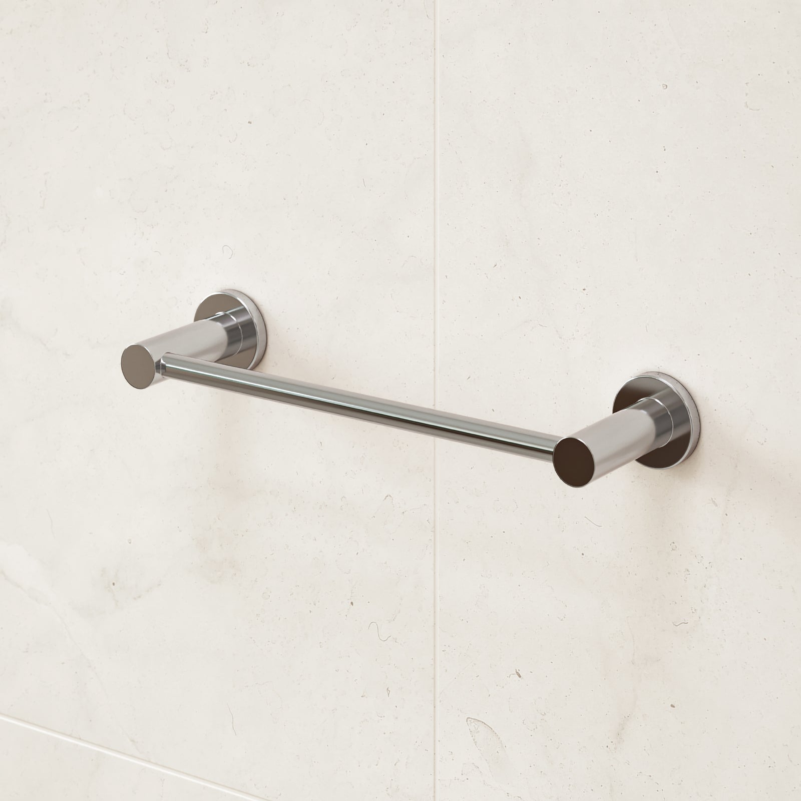 Caroma Liano II chrome hand towel rail on wall, minimalist stainless steel bathroom accessory