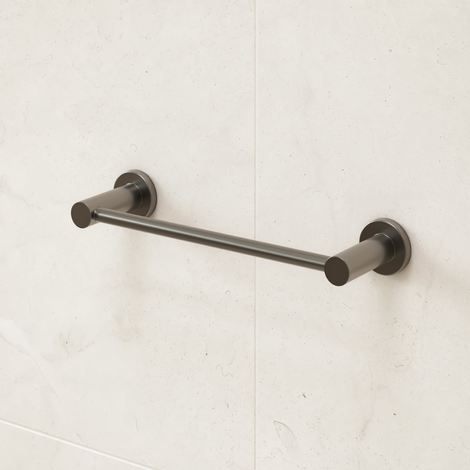 Caroma Liano II gunmetal hand towel rail mounted on a light tiled bathroom wall