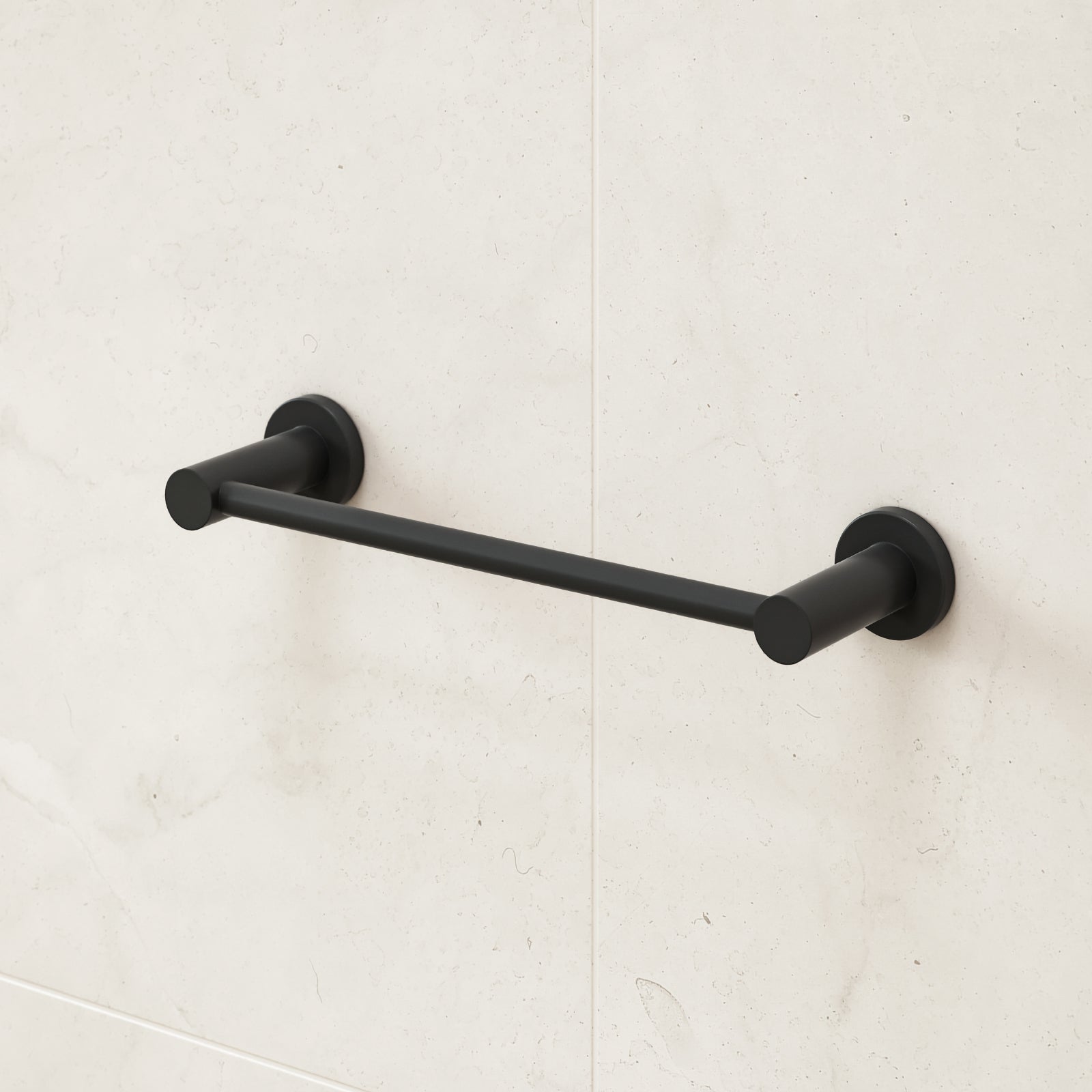 Caroma Liano II matte black hand towel rail on wall, minimalist round fittings and straight bar revealed against light tiles