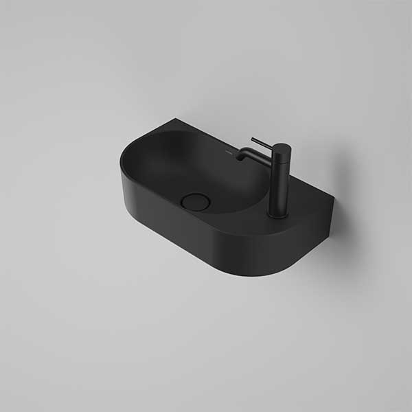 Caroma Liano II matte black oval wall-hung hand basin with tap hole and pop-up waste