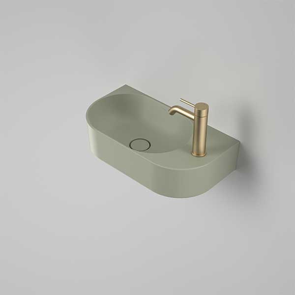 Caroma Liano II wall-hung hand basin in matte green, oval ceramic basin with 1 tap hole and gold tap