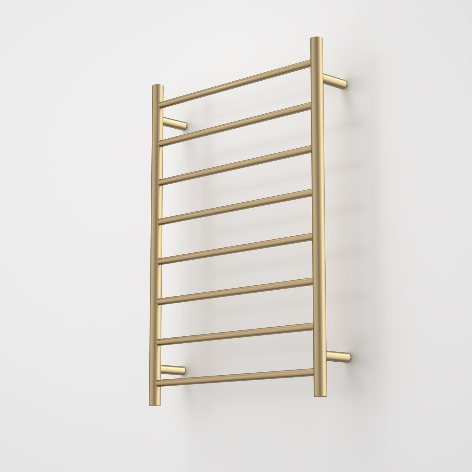 Caroma Liano II heated towel ladder in brushed brass, vertical wall-mounted rail with 8 bars
