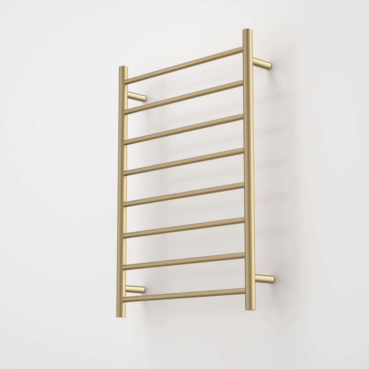 Caroma Liano II heated towel ladder in brushed brass, vertical wall-mounted rail with 8 bars