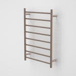 Caroma Liano II heated towel ladder in brushed bronze, front view with 8 bars on a white background