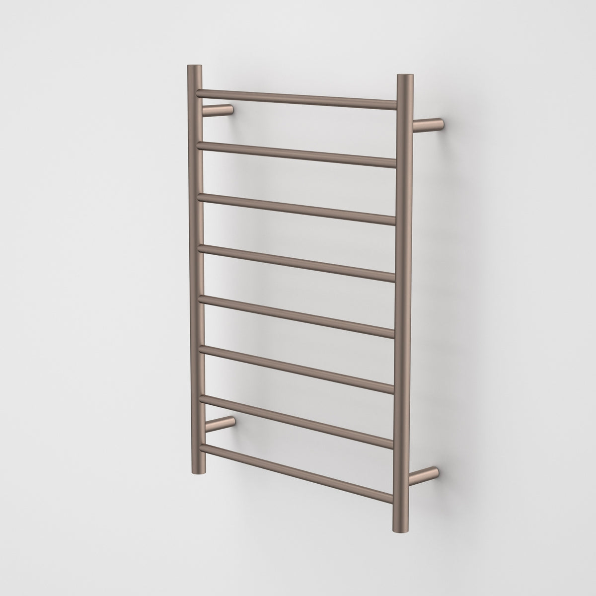 Caroma Liano II heated towel ladder in brushed bronze, front view with 8 bars on a white background