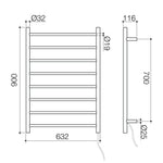 Caroma Liano II heated towel ladder technical drawing, brushed bronze, 8-bar, 632 x 900mm with wiring details