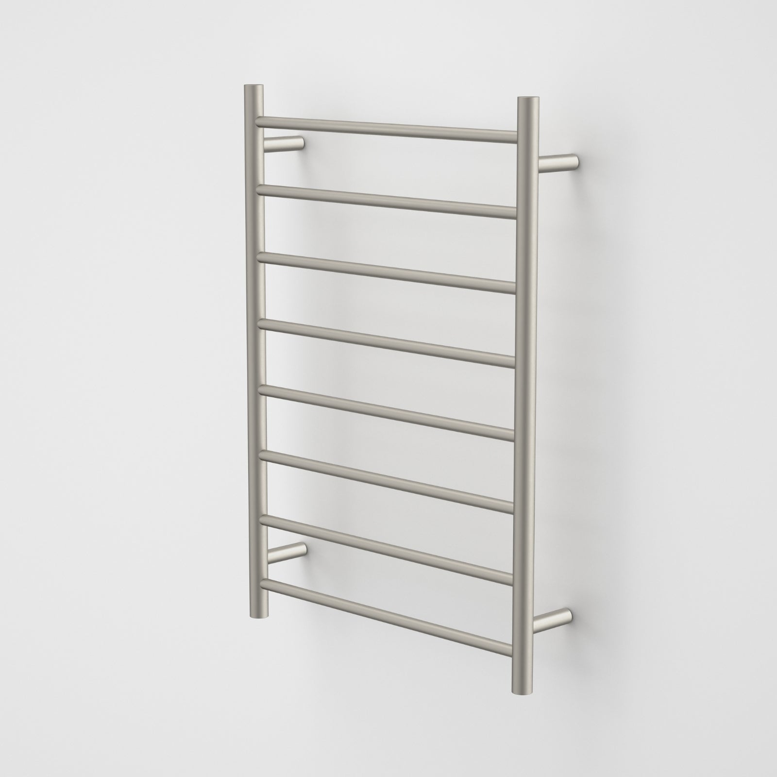 Caroma Liano II heated towel ladder in brushed nickel, 8-bar round stainless steel wall rail on white background