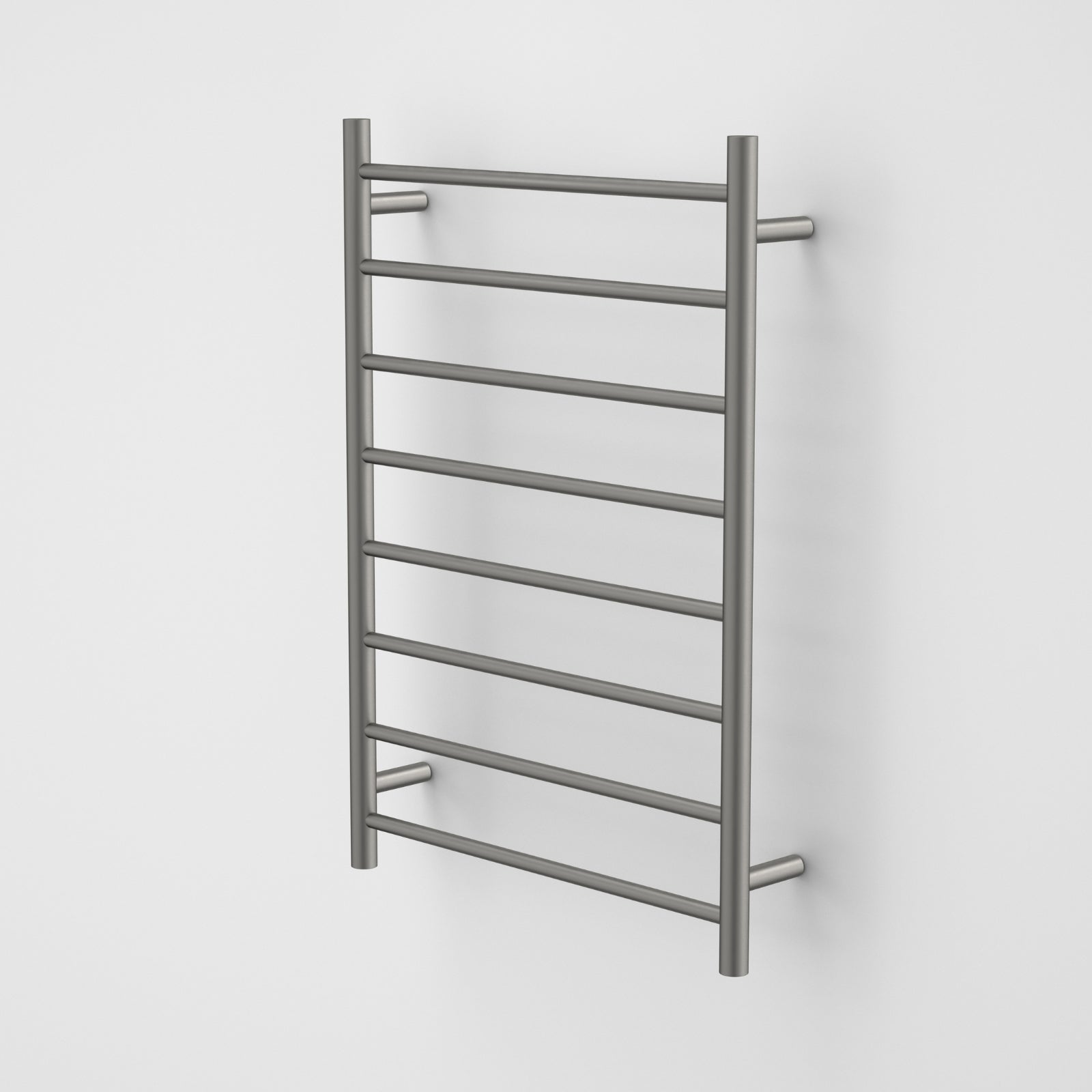 Caroma Liano II heated towel ladder in gunmetal, front view, with 8 round bars on a wall-mounted bathroom rail.